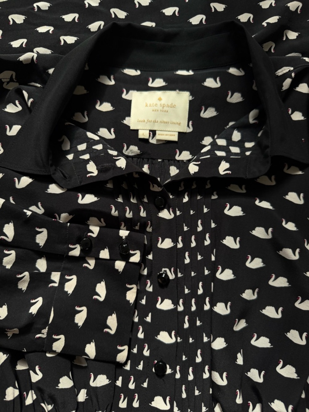 KATE SPADE Swan Print Silk Blend Shirtdress Black Size Large - Picture 9 of 16